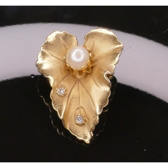 Gorgeous Vintage Leaf Brooch With Pearl & Rhinestones - Picture 2 of 8
